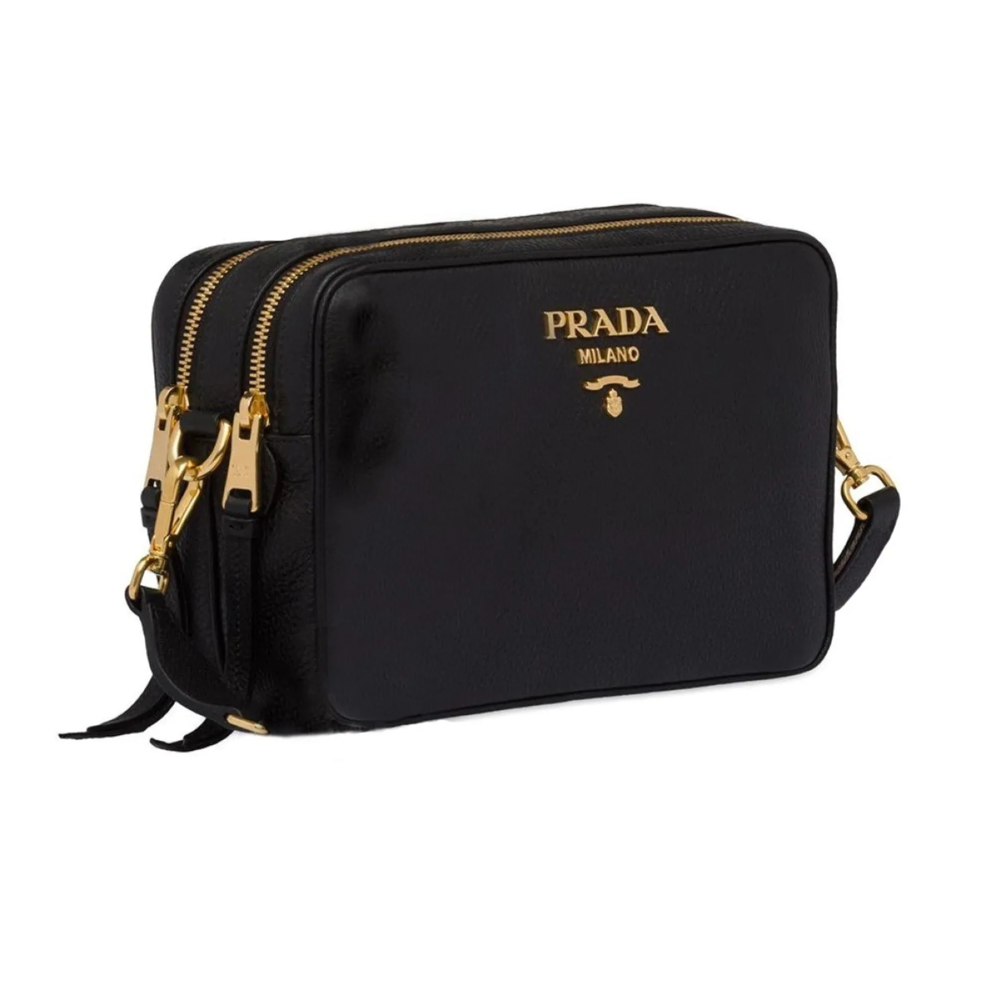 Prada Black Vitello Phenix Leather Double Zip Cross Body Bag