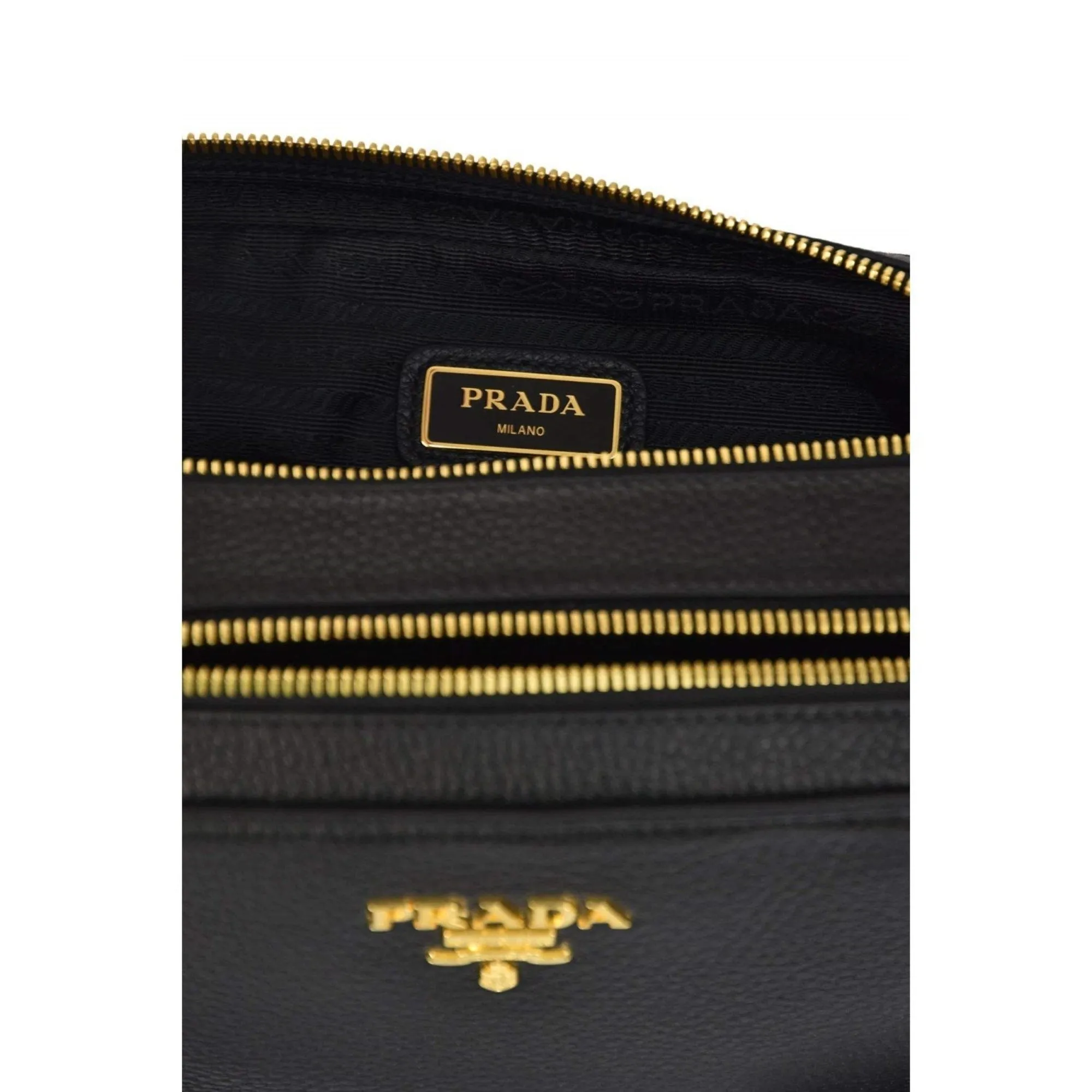 Prada Black Vitello Phenix Leather Double Zip Cross Body Bag