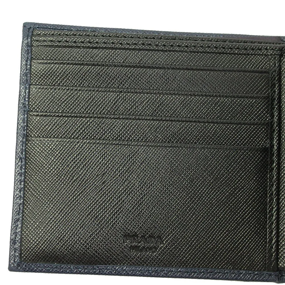 Prada Navy Black Bicolor Saffiano Leather Logo Bifold Wallet