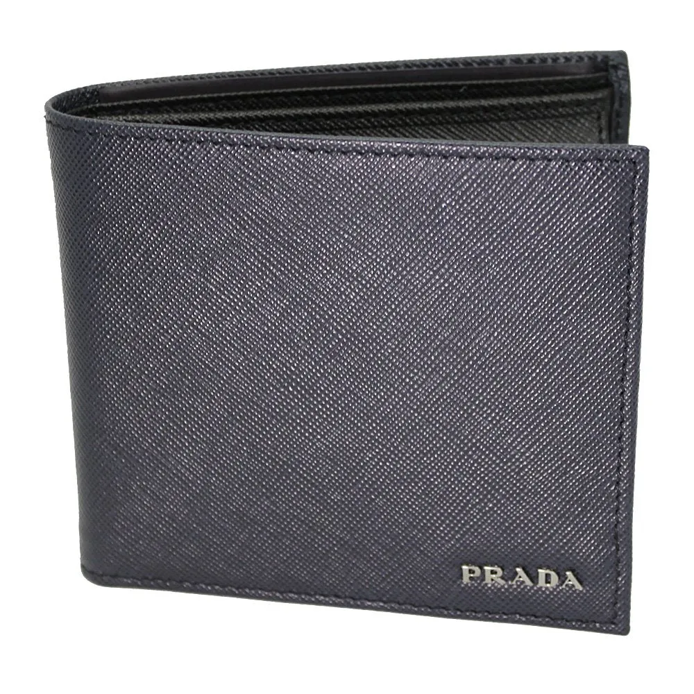 Prada Navy Black Bicolor Saffiano Leather Logo Bifold Wallet