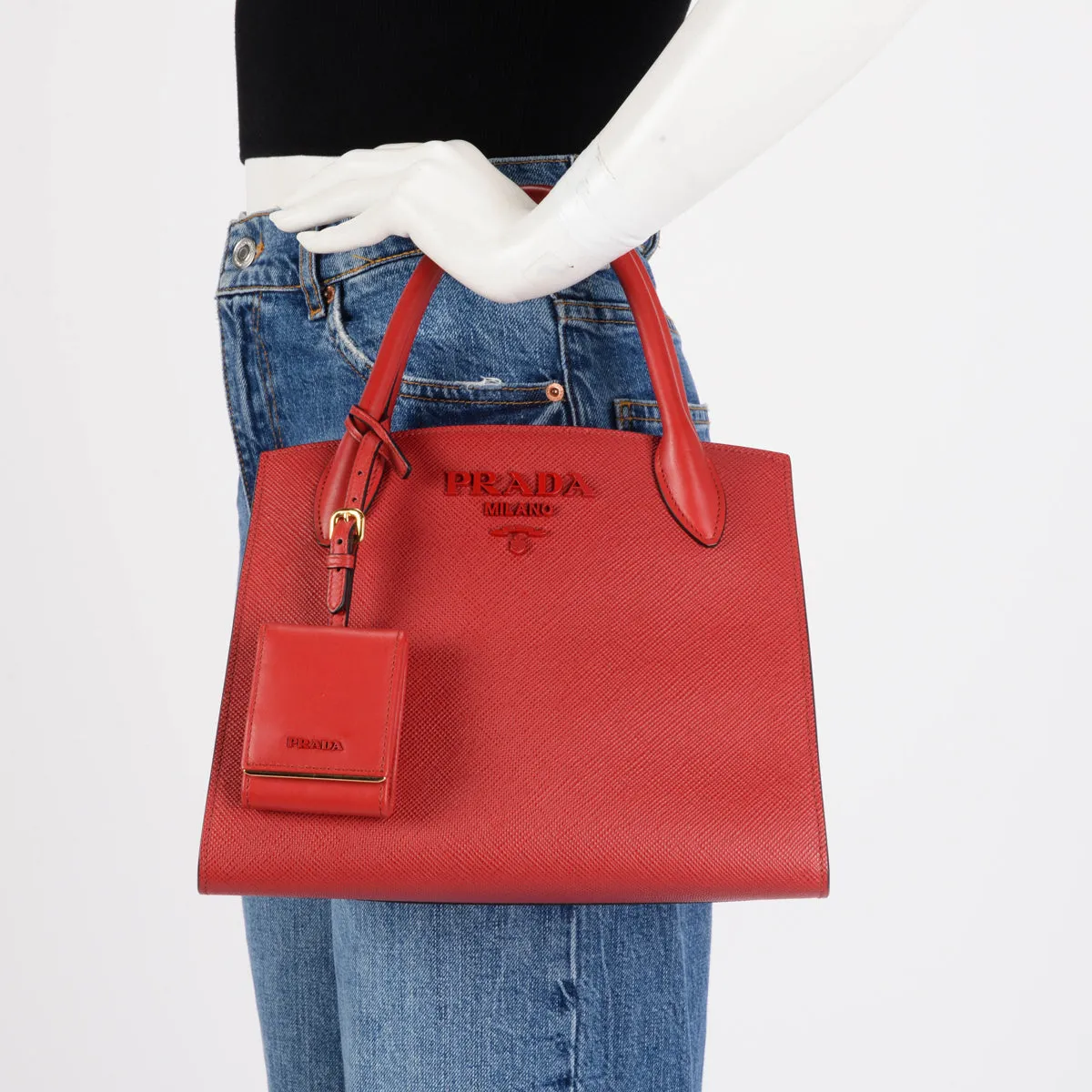 Prada Red Saffiano Cuir Small Monochrome Tote