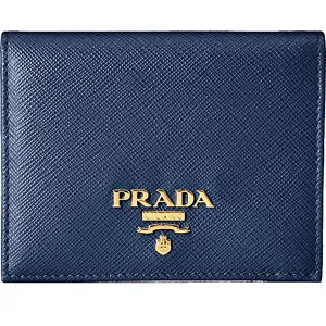 Prada Saffiano Baltico Blue Leather Gold Logo Bifold Snap Wallet