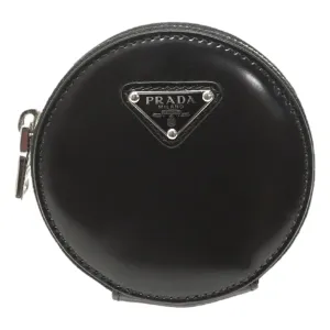 Prada Triangle Plaque Smooth Black Leather Round Mini Pouch Keychain