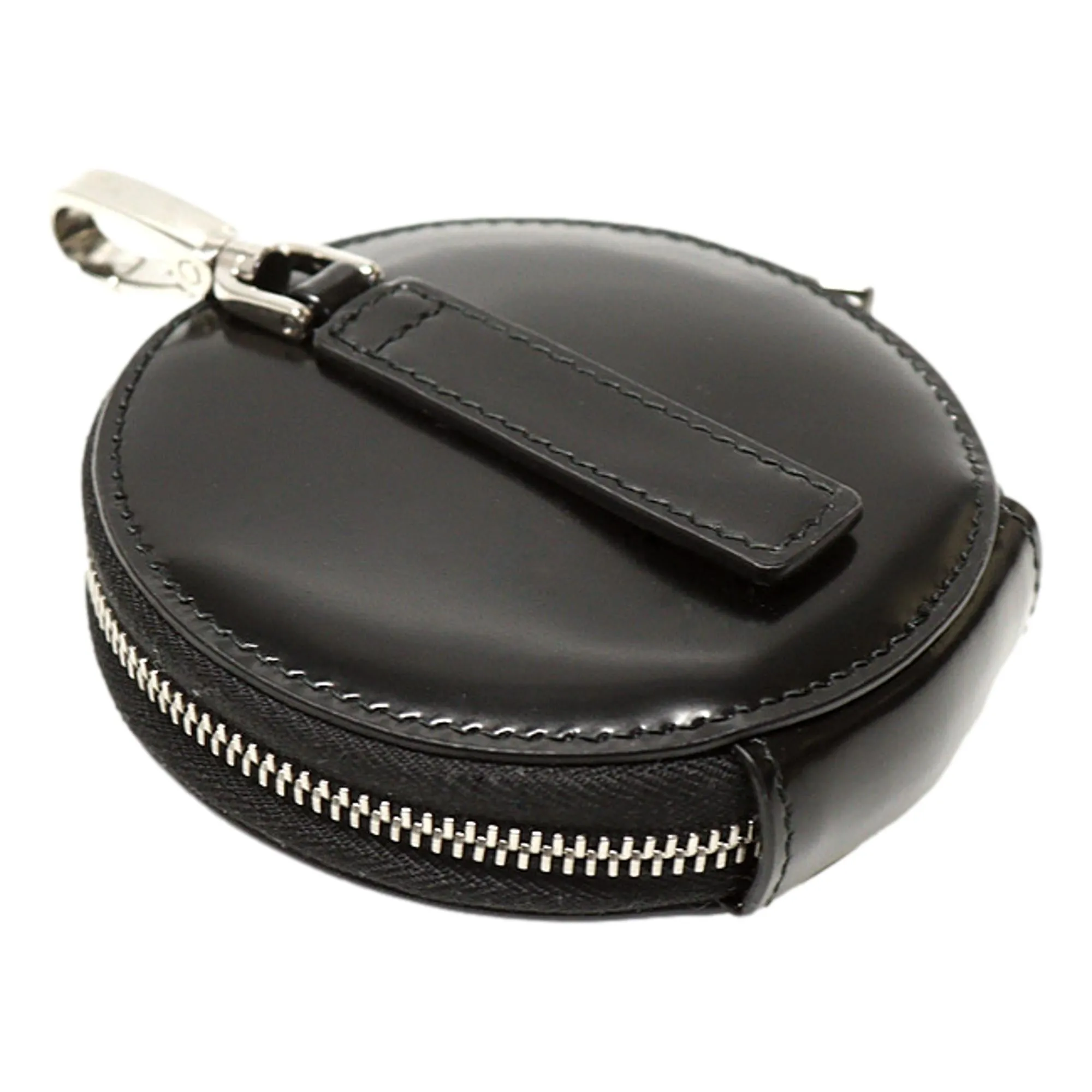 Prada Triangle Plaque Smooth Black Leather Round Mini Pouch Keychain