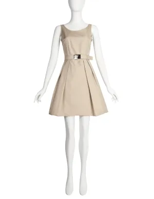 Prada Vintage 2007 Beige Nylon Fit and Flare Mini Dress with Belt