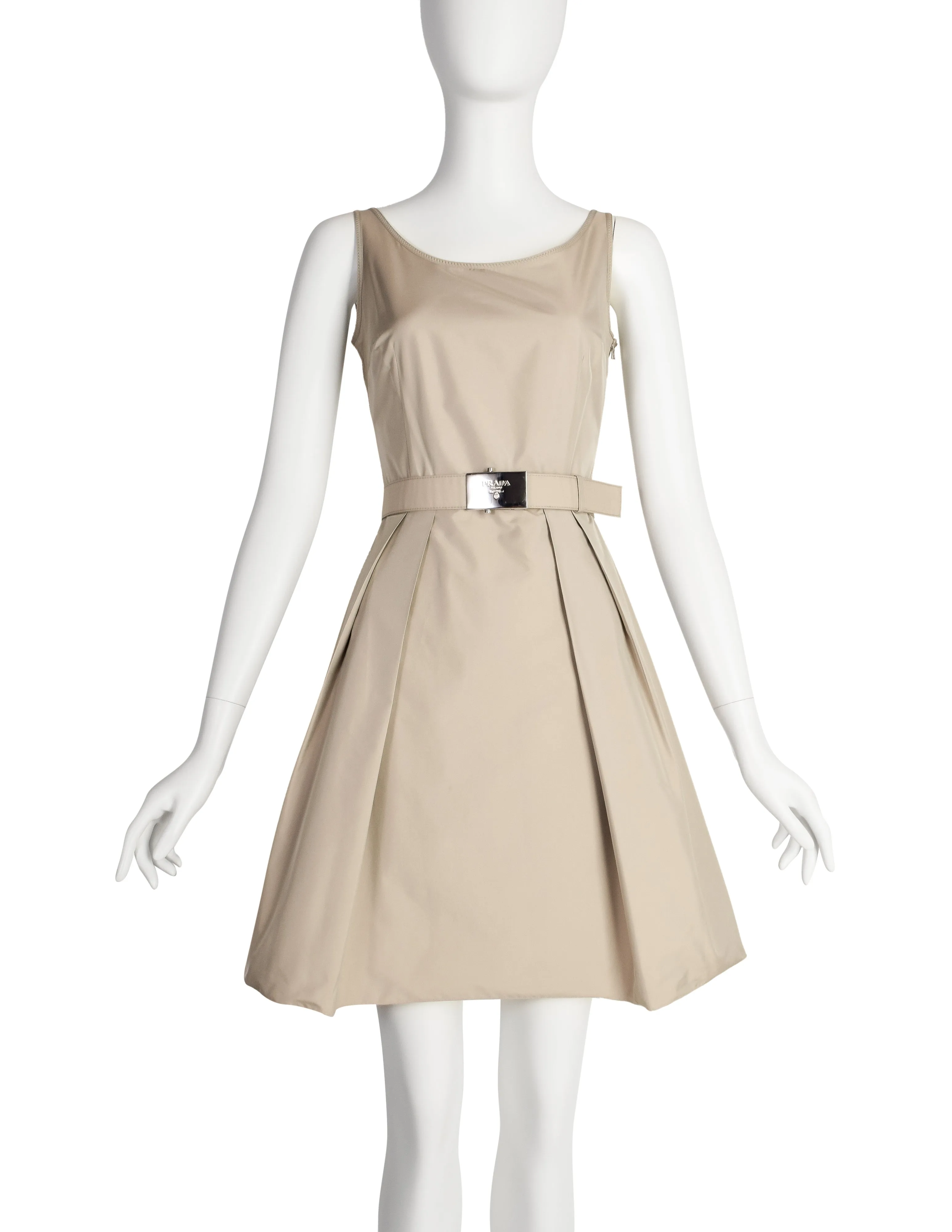 Prada Vintage 2007 Beige Nylon Fit and Flare Mini Dress with Belt