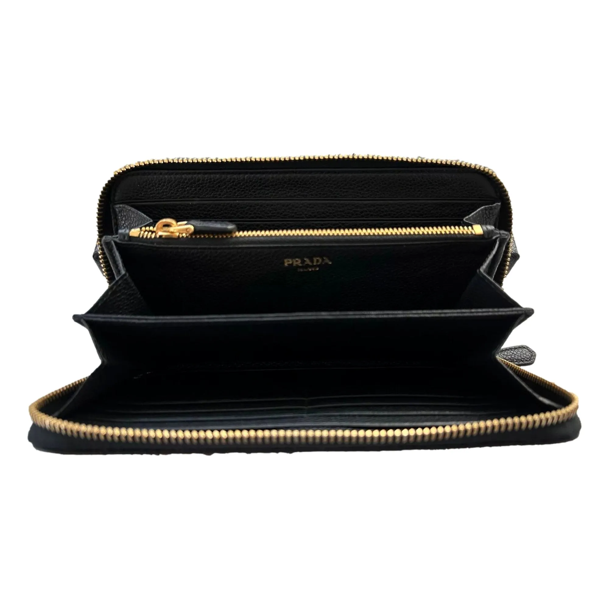 Prada Vitello Grain Zip Continental Long Wallet Black Leather Gold Logo