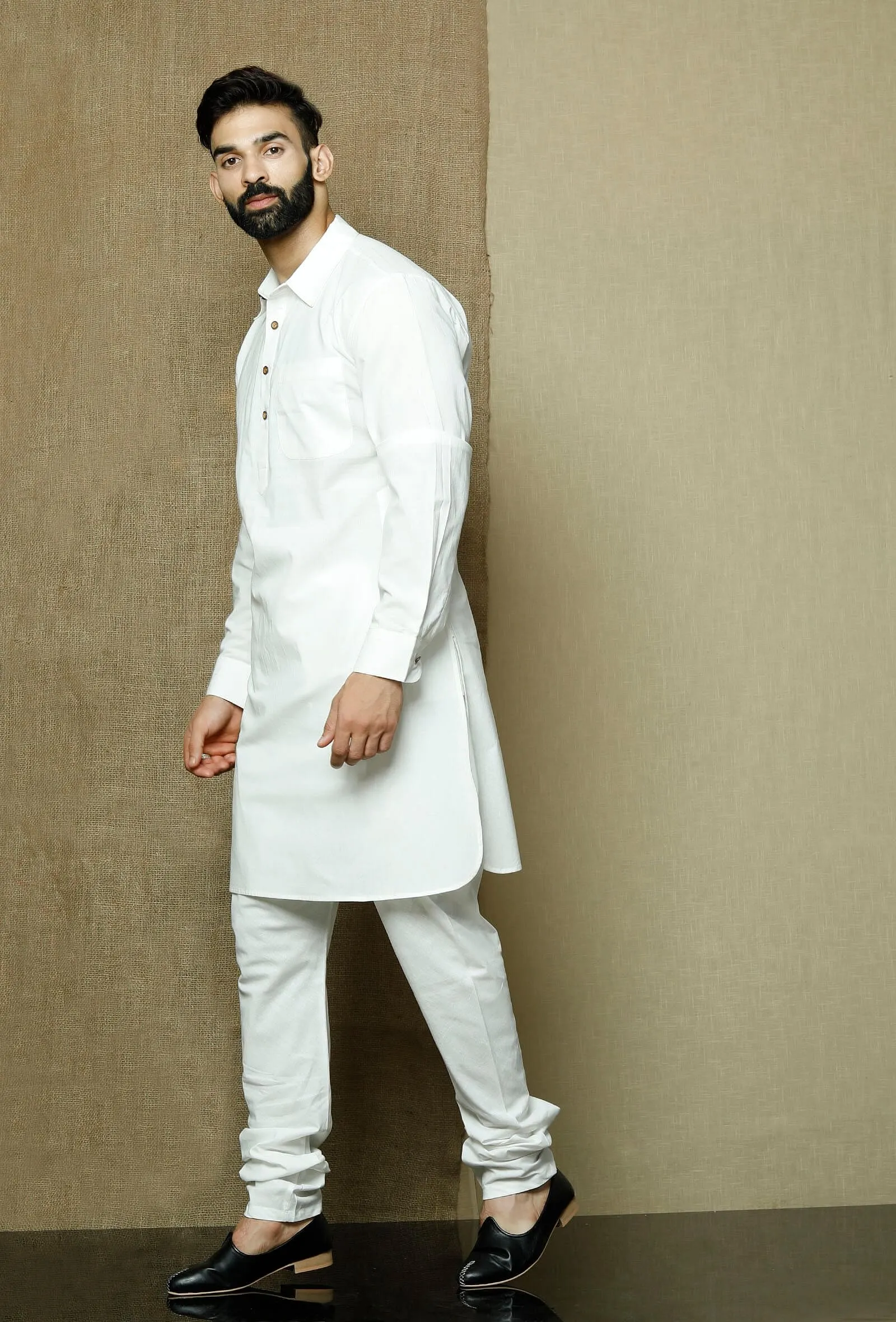 Set of 2:Safed Collared  Cotton Kurta and Pyjama