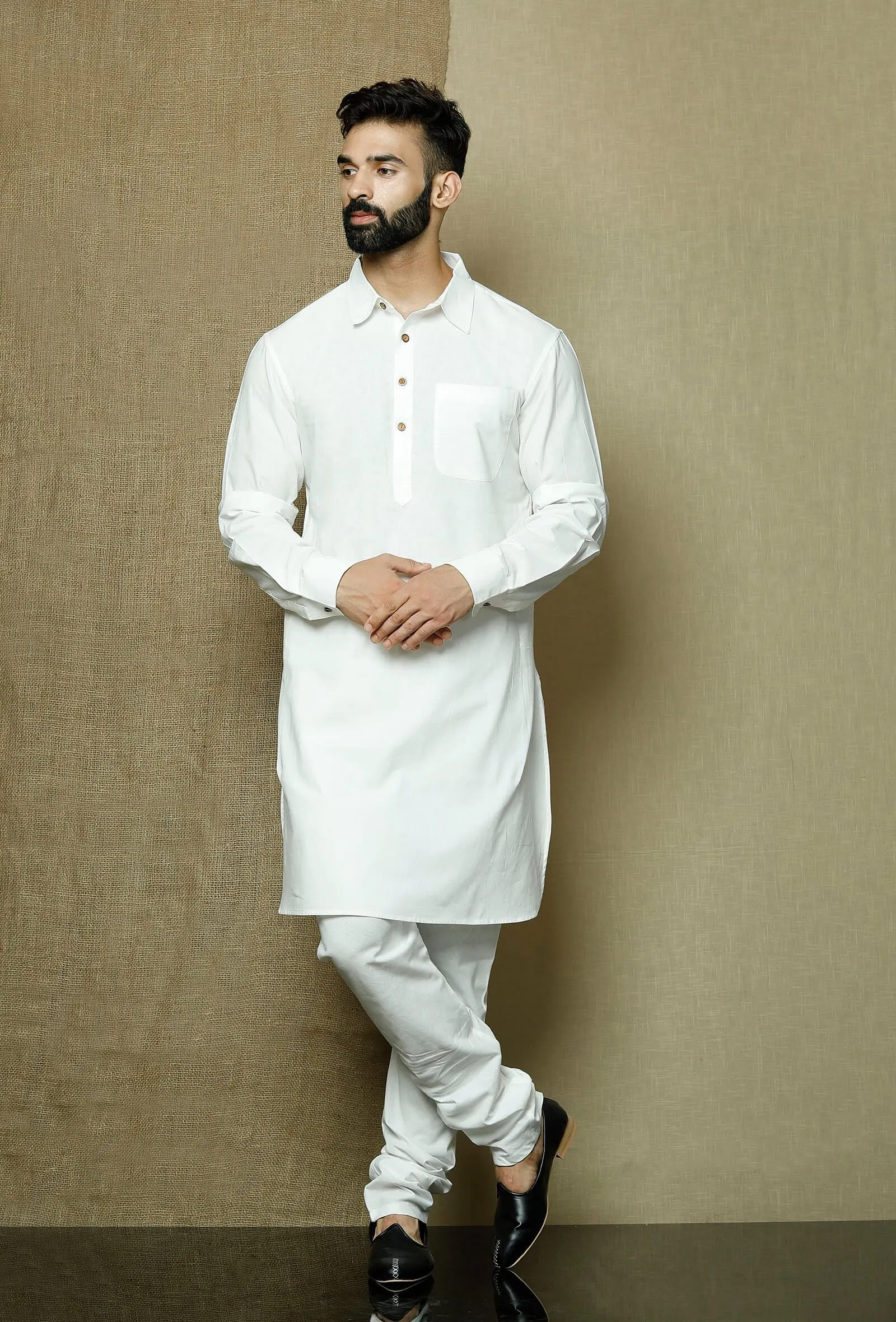 Set of 2:Safed Collared  Cotton Kurta and Pyjama