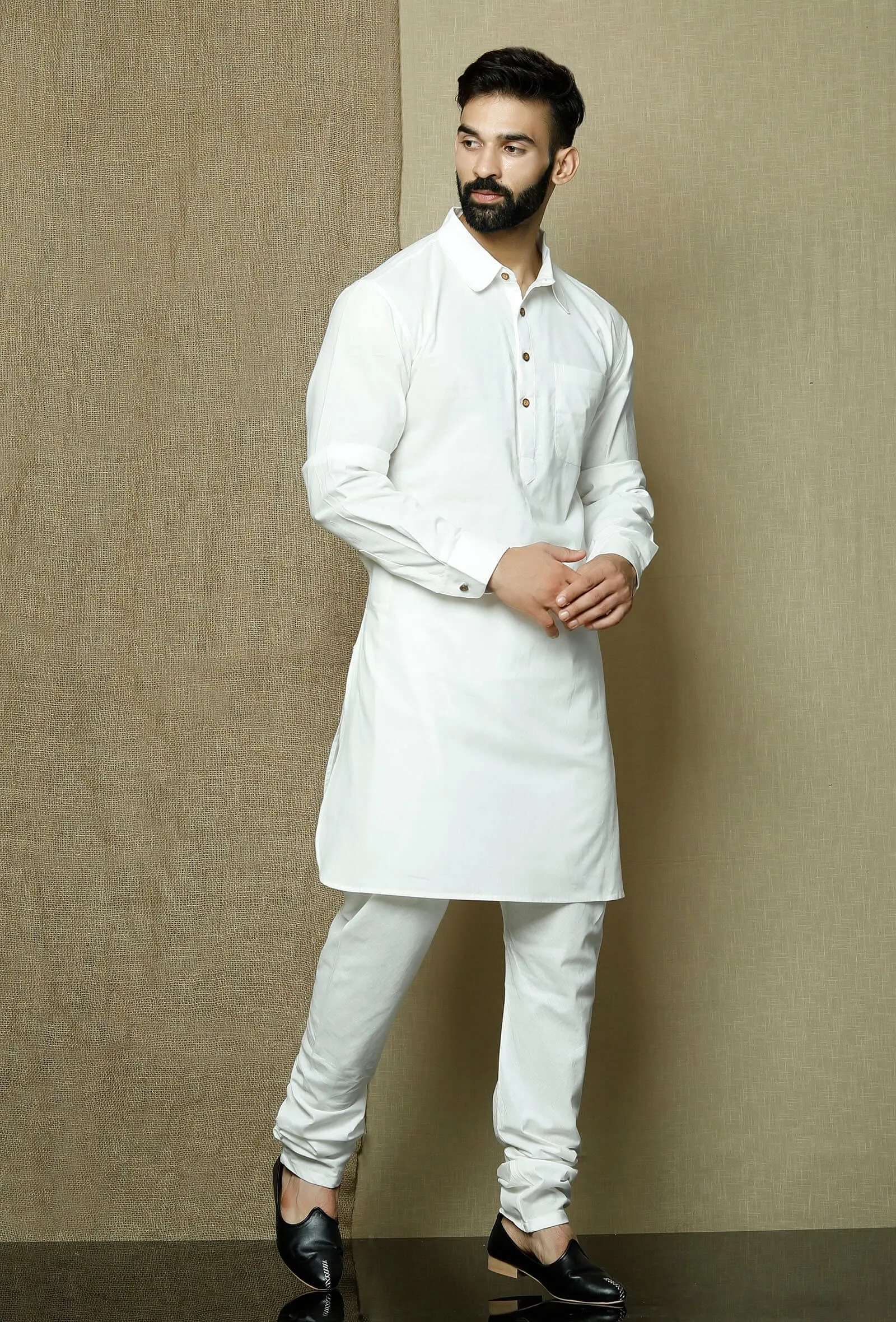 Set of 2:Safed Collared  Cotton Kurta and Pyjama