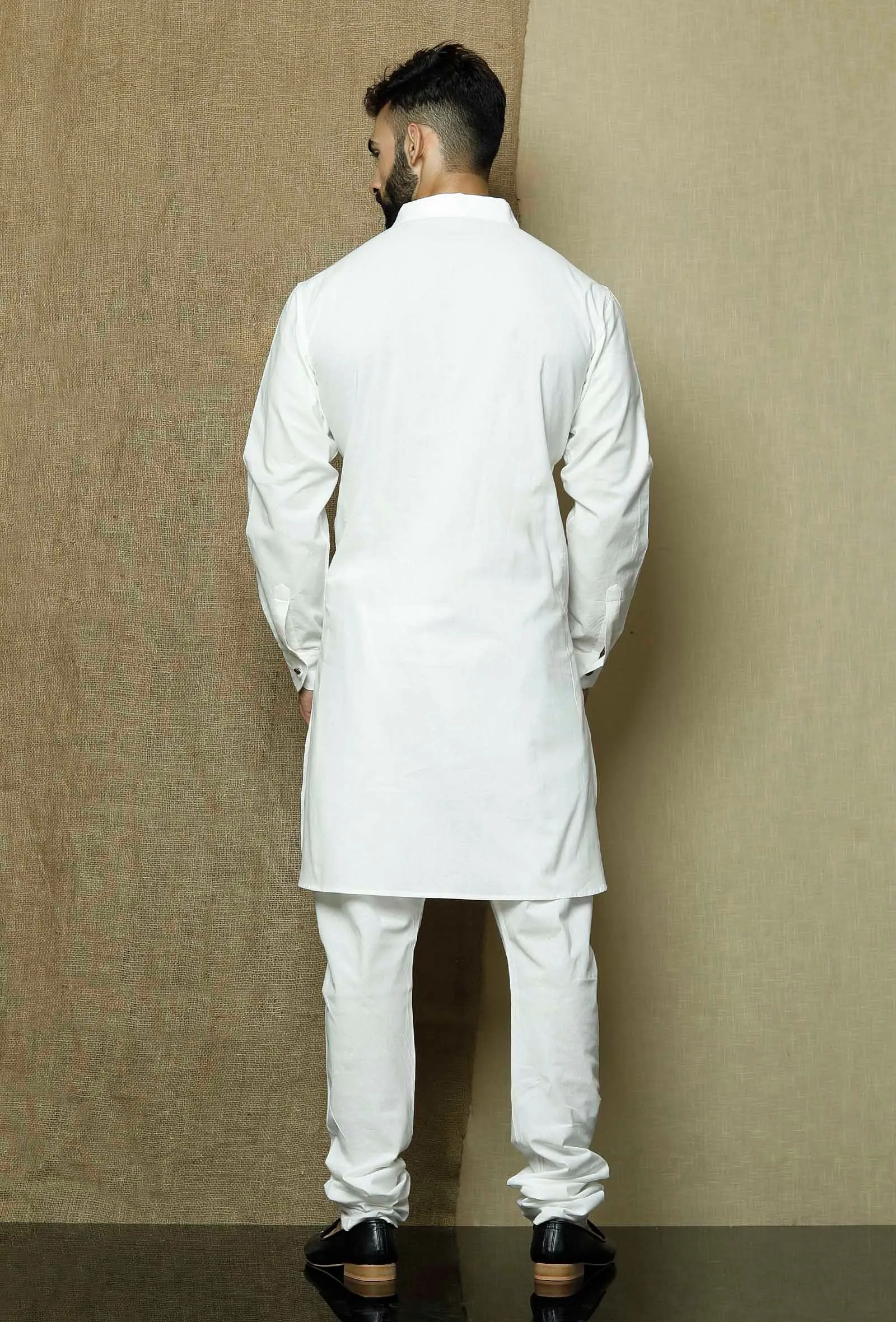 Set of 2:Safed Collared  Cotton Kurta and Pyjama