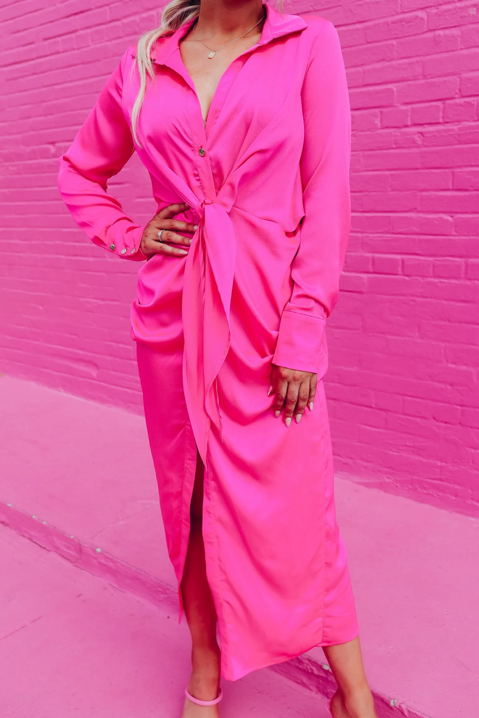 Shirt Style Satin Midi Dress - Pink