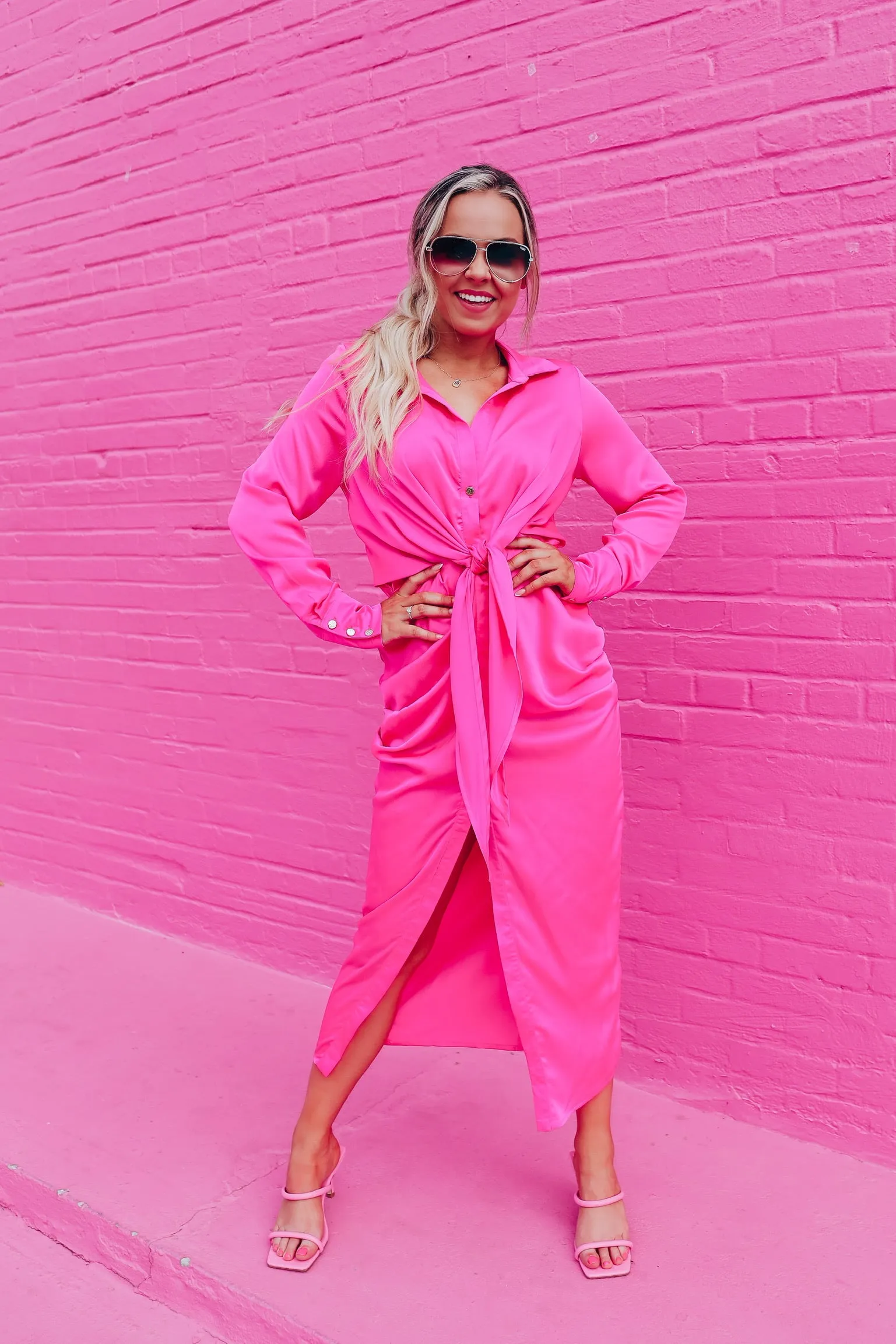 Shirt Style Satin Midi Dress - Pink