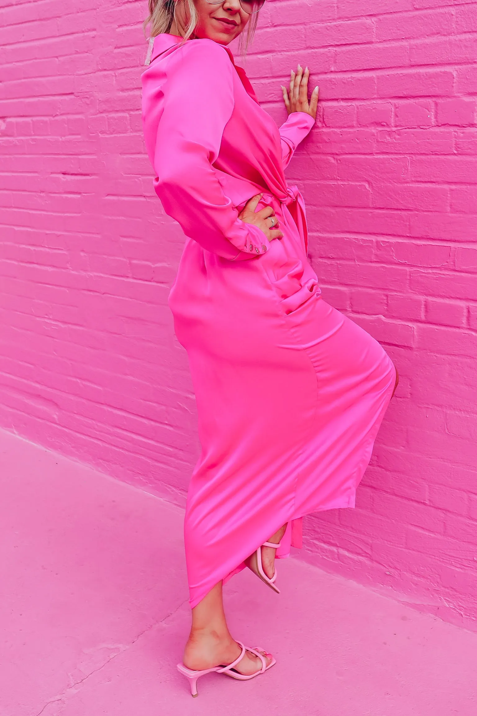 Shirt Style Satin Midi Dress - Pink