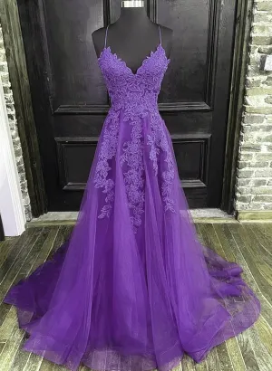 V-Neckline Purple A-Line Straps Long Prom Dress Purple Long Evening Dress Party Dress