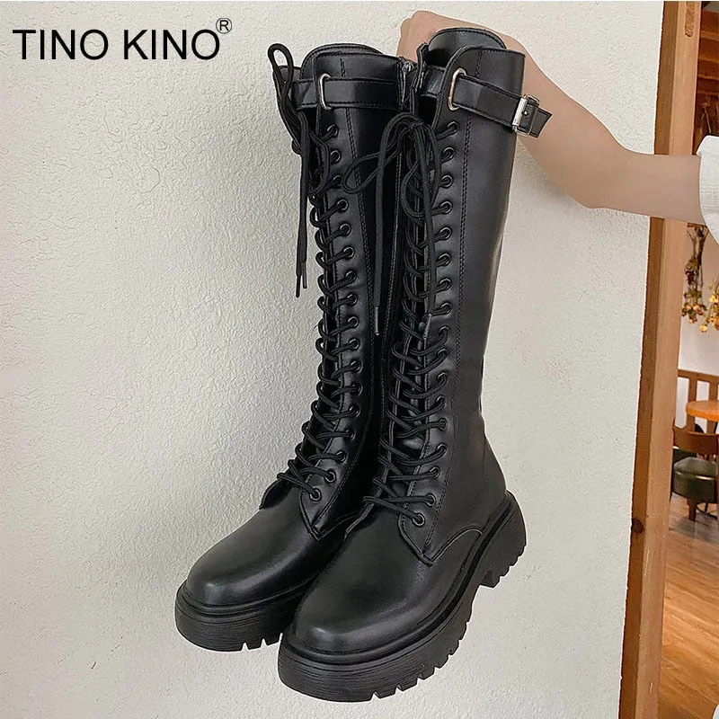 Women Mid Calf Boots Ladies PU Leather Shoes Woman Lace up Fashion Thick Bottom Motorcycle Long Boots Female Non Slip Spring New