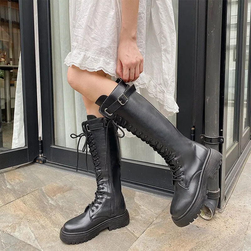 Women Mid Calf Boots Ladies PU Leather Shoes Woman Lace up Fashion Thick Bottom Motorcycle Long Boots Female Non Slip Spring New