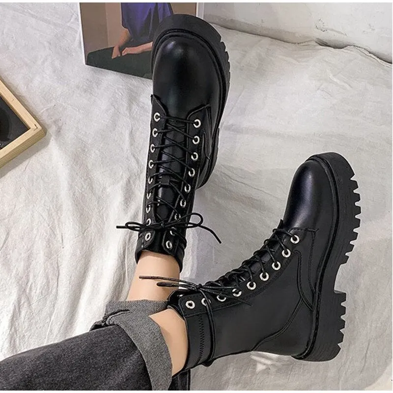 Women Mid Calf Boots Ladies PU Leather Shoes Woman Lace up Fashion Thick Bottom Motorcycle Long Boots Female Non Slip Spring New