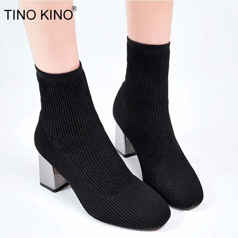 Women Socks Ankle Boots Fashion Shoes Ladies Autumn Winter Square Toe High Heels Woman Knitted Boots New Footwear Female Boots