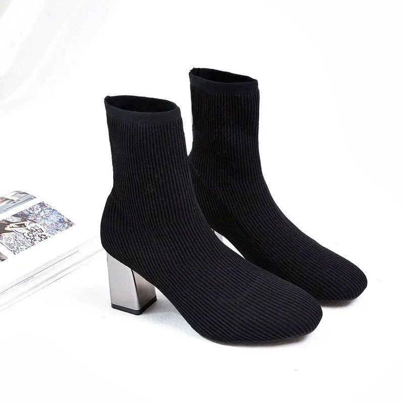 Women Socks Ankle Boots Fashion Shoes Ladies Autumn Winter Square Toe High Heels Woman Knitted Boots New Footwear Female Boots