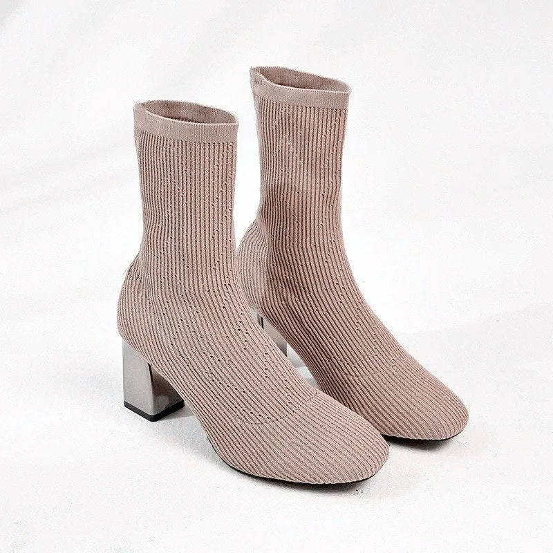 Women Socks Ankle Boots Fashion Shoes Ladies Autumn Winter Square Toe High Heels Woman Knitted Boots New Footwear Female Boots