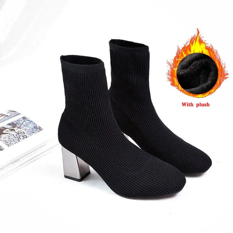 Women Socks Ankle Boots Fashion Shoes Ladies Autumn Winter Square Toe High Heels Woman Knitted Boots New Footwear Female Boots