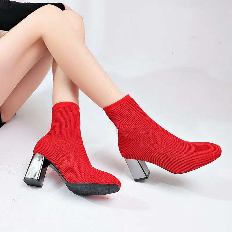 Women Socks Ankle Boots Fashion Shoes Ladies Autumn Winter Square Toe High Heels Woman Knitted Boots New Footwear Female Boots