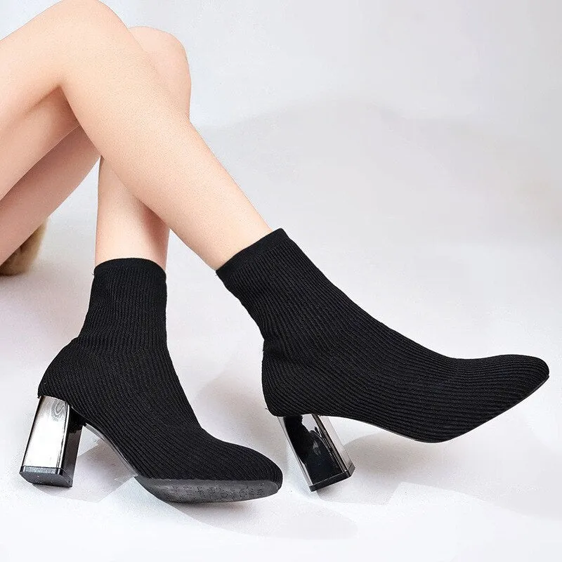 Women Socks Ankle Boots Fashion Shoes Ladies Autumn Winter Square Toe High Heels Woman Knitted Boots New Footwear Female Boots